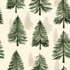 Obraz premium Watercolor evergreen trees in muted green tones, minimalist shapes, soft beige background, seamless pattern