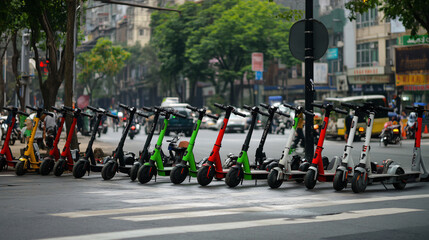 Naklejka premium A group of electric scooters lined up in a busy urban area.