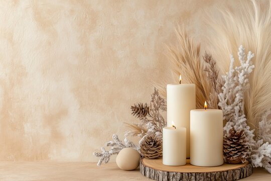 A serene display of white candles surrounded by dried flowers and pinecones on a wooden base, set against a soft, neutral background.