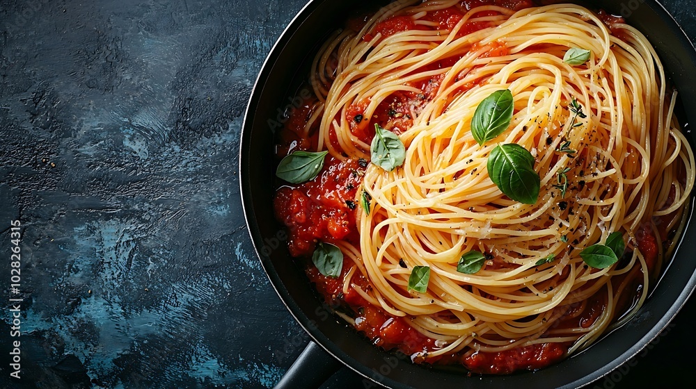 Aufkleber traditional tomato sauce in saucepan with spaghetti pasta grey background top view : generative ai