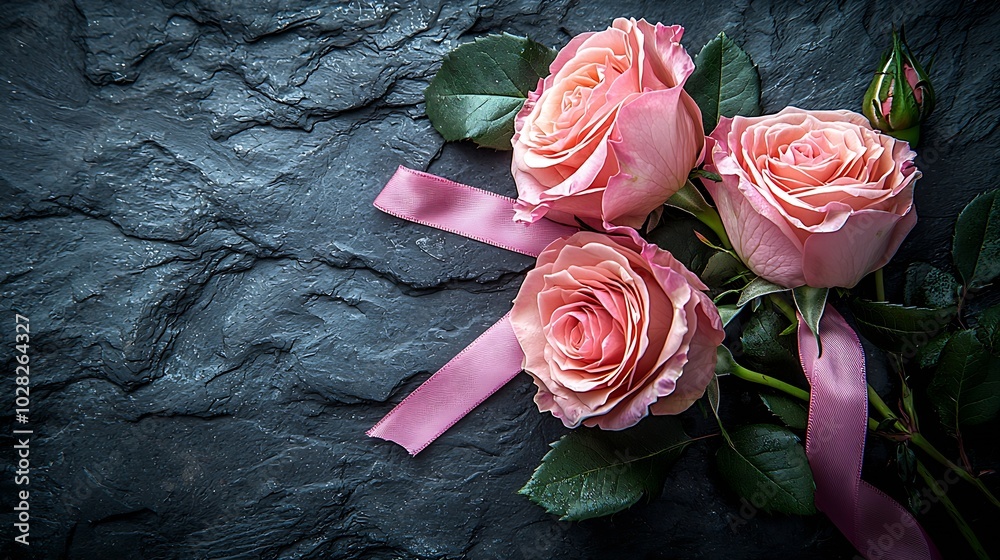 Poster pink roses with pink ribbon on grey stone background top view copy space : generative ai