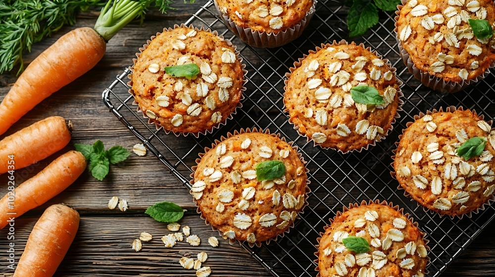 Poster carrot and oat muffins cakes on cooling rack wooden background top view : generative ai