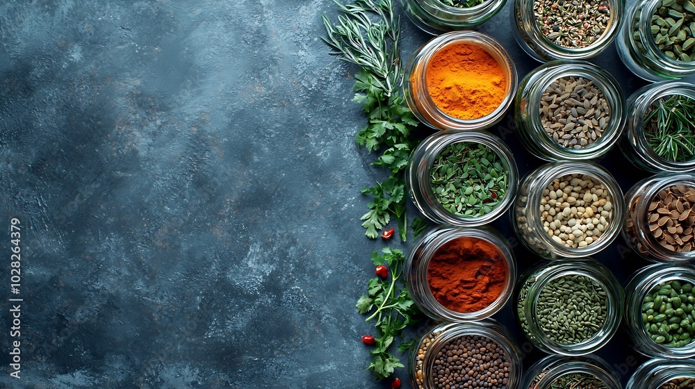 Poster Spices in jars lemongrass fenugreek cumin seeds Slate background Top view Copy space : Generative AI