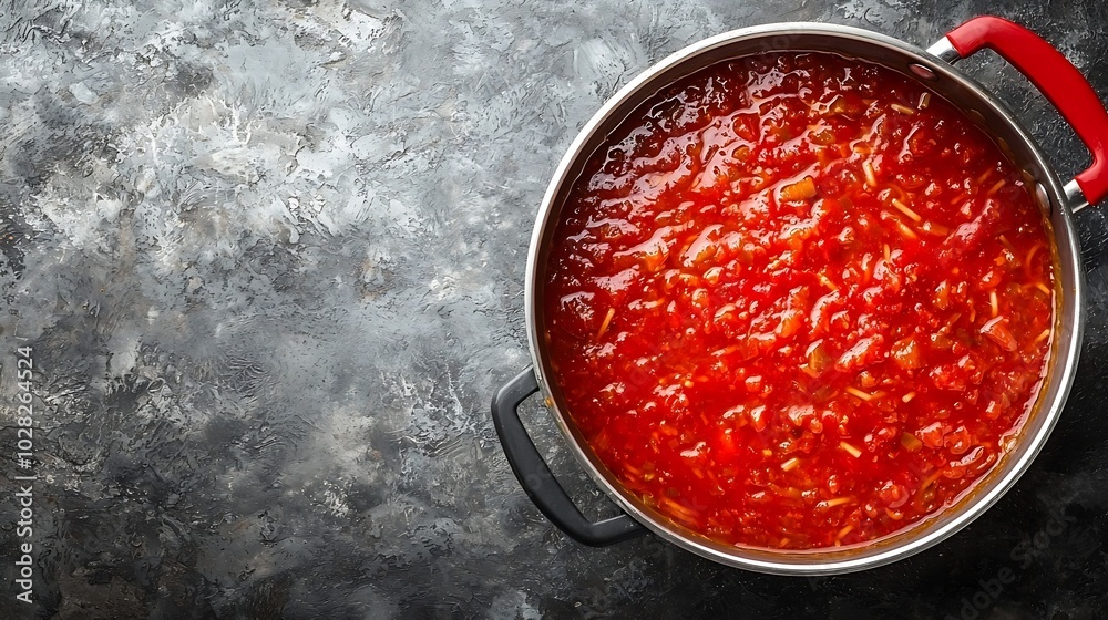 Poster traditional tomato sauce in saucepan with spaghetti pasta grey background top view : generative ai
