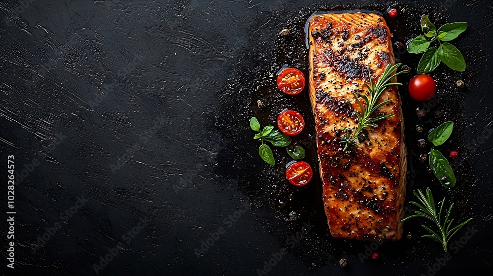 Poster salmon steak fillet with herbs tomatoes and spices dark background top view : generative ai