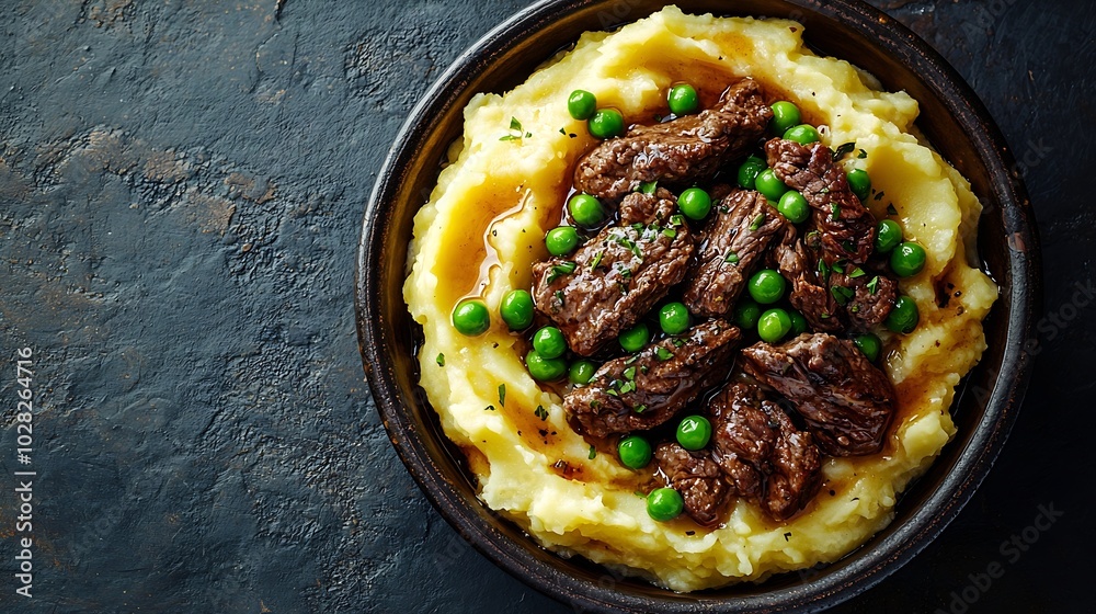 Poster mashed potatoes with beef meat and green peas in bowl dark background top view : generative ai
