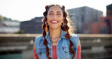 Selbstklebende Fototapeten Friseursalon Fashion, hairstyle and portrait of woman in city with casual outfit, designer clothes and streetwear. Happy, urban town and person with style for confidence, pride and smile on weekend outdoors  © Nina2024/peopleimages.com