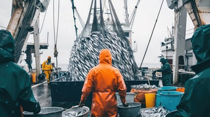 Crew of Fishermen Open Trawl Net with Caugth Fish on Board of Commercial Fishing Ship