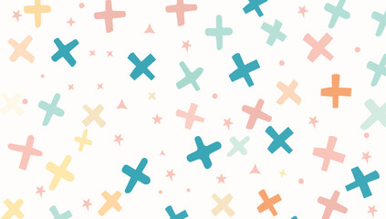 Pastel Cross Confetti Pattern. Randomly scattered plus signs in pastel shades like lavender, mint, peach, and light blue over a cream background, adding a playful yet elegant vibe to stationery 