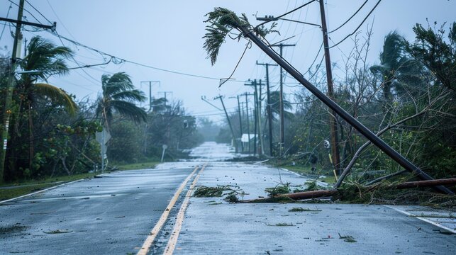 photograph of A utility pole fell right across the road and trees were blocking power lines above the road after the hurricane moved across it.
