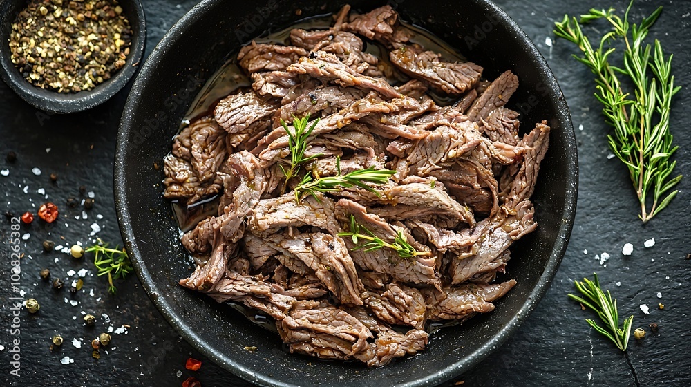 Poster beef shredded meat with sauce in black pan grey background close up top view : generative ai