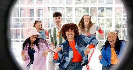 Ring light, group and dancing in studio, face and training for performance, influencer and talent....