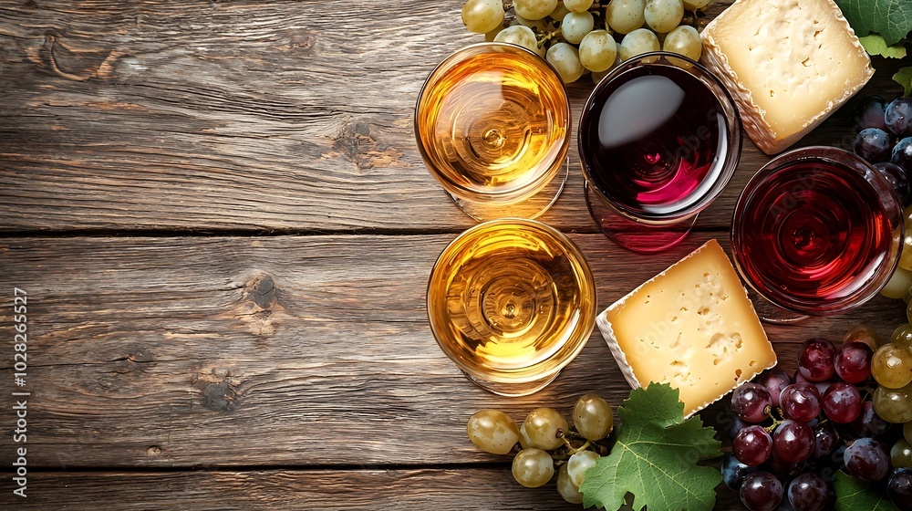 Poster assortment of cheese grapes with red and white wine in glasses wooden background top view copy space