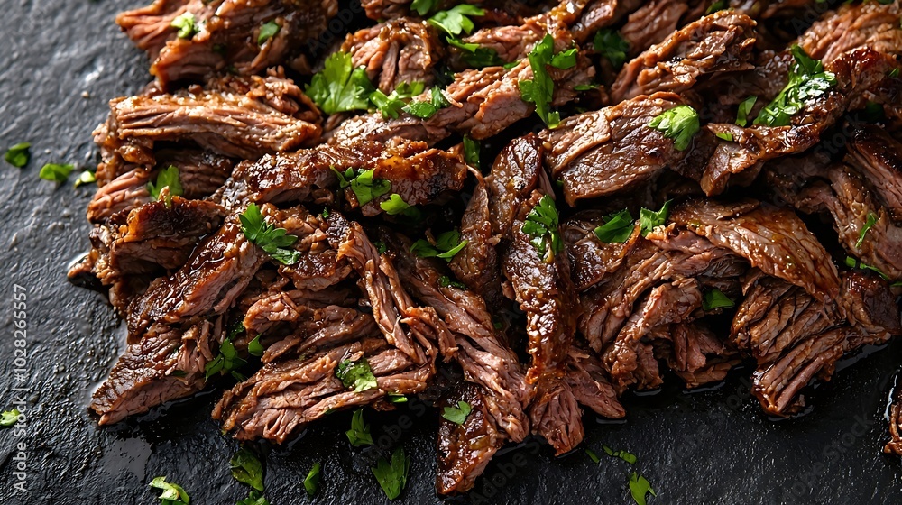 Poster beef shredded meat with sauce close up : generative ai