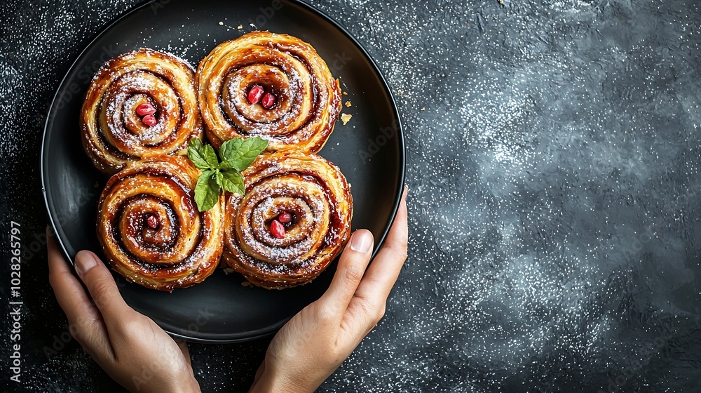 Poster cinnamon rolls cinnabons on black plate grey background close up top view : generative ai