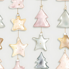 Delicate watercolor Christmas tree ornaments in soft pastel colors, arranged on a light background, minimalist style, seamless pattern
