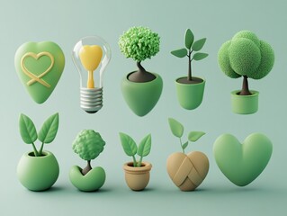 2408 82.A collection of 3D-rendered eco-icons depicting sustainability themes such as clean energy, recycling, and environmental protection. The icons include symbols like a green heart, a tree in a