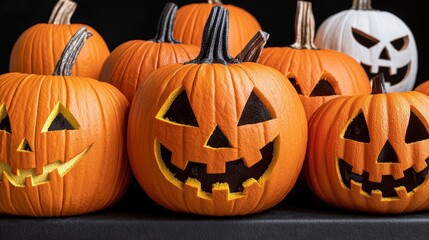 Halloween Jack O Lantern Pumpkins on Black Background