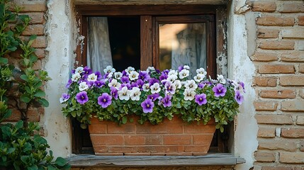 Boxes with violet and white flowers on the window of old brick wall house : Generative AI