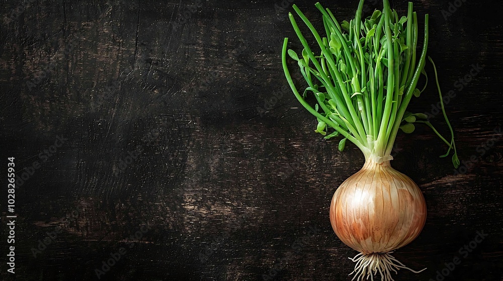 Poster Onion with fresh green sprouts on wooden background Top view Copy space : Generative AI