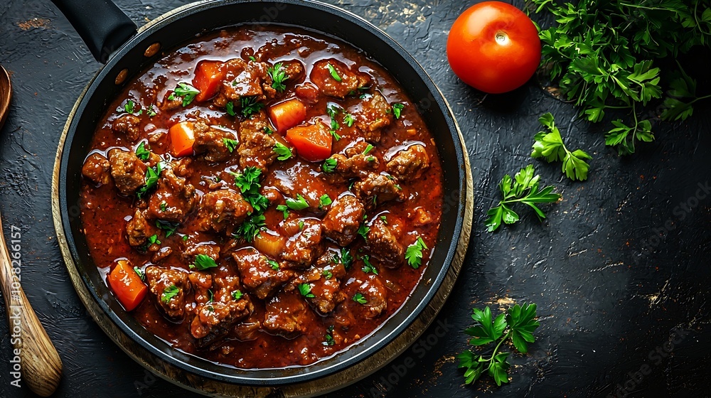 Poster beef shredded meat with sauce in black pan grey background close up top view : generative ai