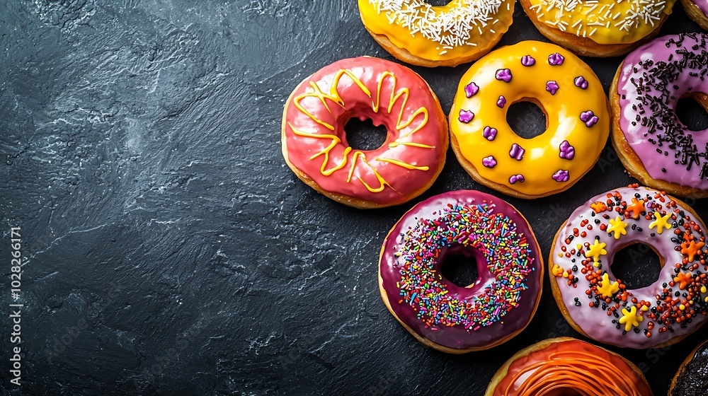 Poster donuts with halloween decoration icing on black slate background top view copy space : generative ai