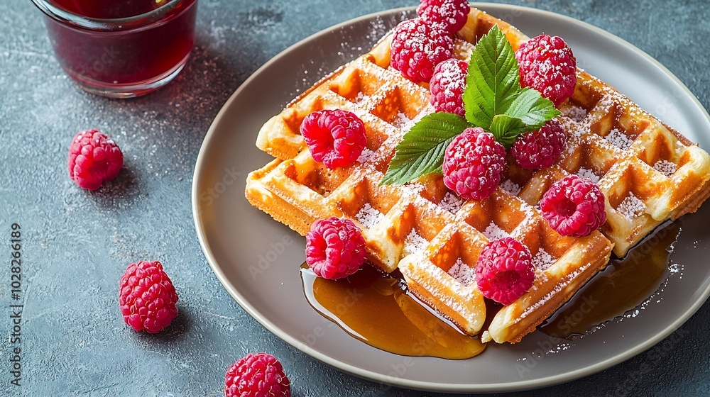 Poster Belgian waffles with maple syrup and fresh raspberry Grey background Top view : Generative AI