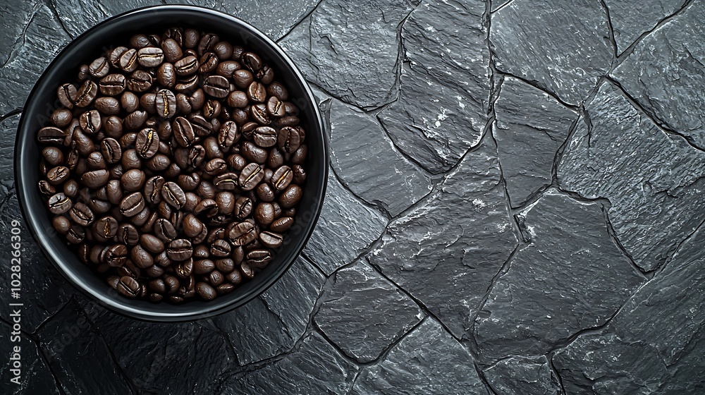 Poster coffee beans in black bowl on grey slate background close up : generative ai