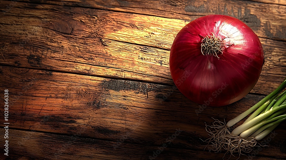 Poster red onion with fresh green sprouts on wooden background top view copy space : generative ai