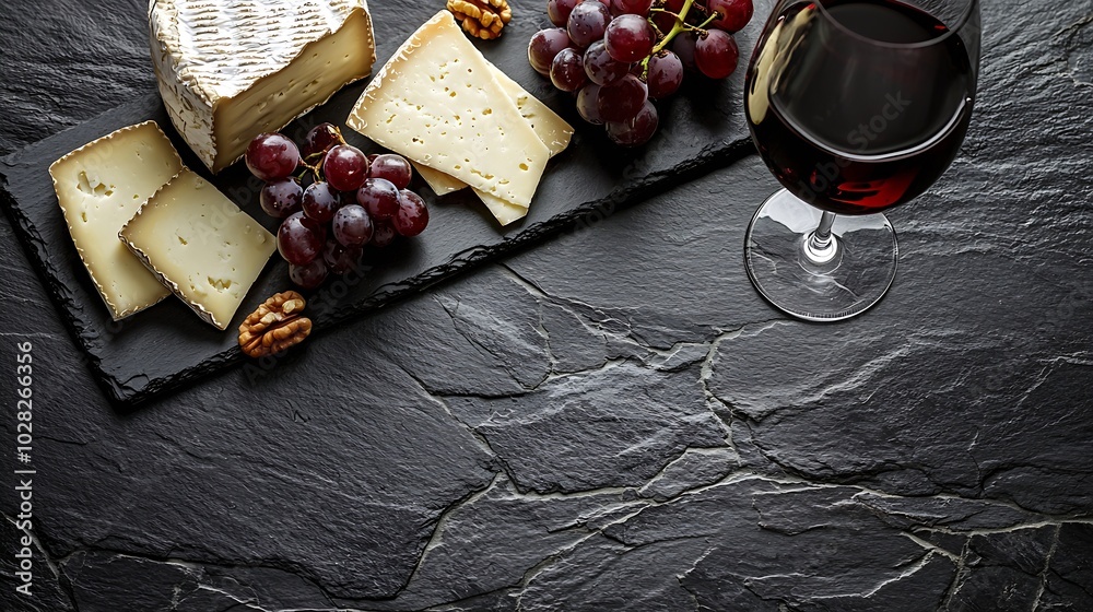 Aufkleber Assortment of cheese with red wine honey nuts grape on a modern cutting board slate background : Generative AI