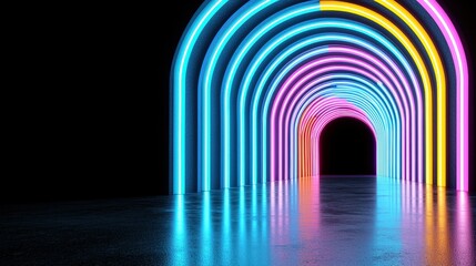 Fototapeta premium Neon Glowing Arches Tunnel Corridor Futuristic Abstract Background