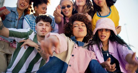 Selfie, low angle and portrait of friends in city with cool style, trendy fashion and cool outfit. Selfie, gen z and men and women in urban town for vacation, social gathering and holiday on weekend