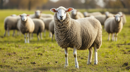 Obraz premium Na rozległym, zielonym pastwisku pasą się owce, skubiąc soczystą trawę. Ich biała wełna kontrastuje z intensywną zielenią otoczenia.