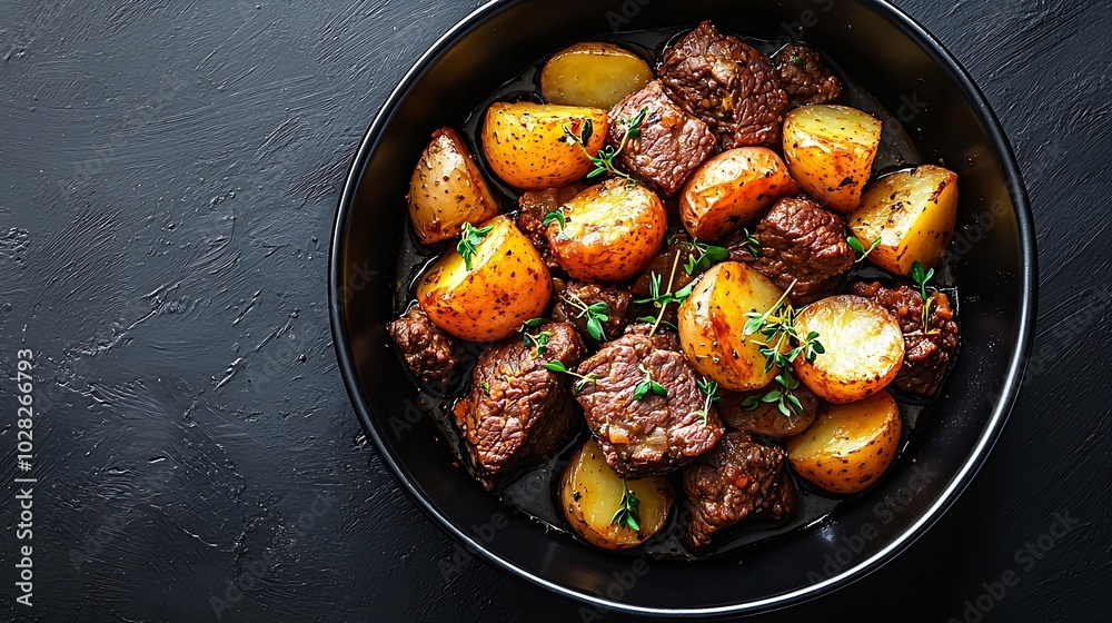 Poster beef meat and vegetables stew in black bowl with roasted baby potatoes dark background copy space to