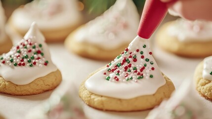 Close up of a hand decorating a sugar cookie with white icing and sprinkles.