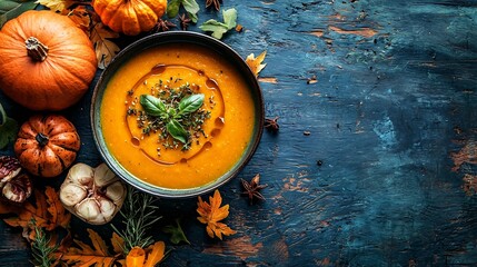 Pumpkin cream soup with fresh herbs in a bowl Blue wooden background Top view : Generative AI