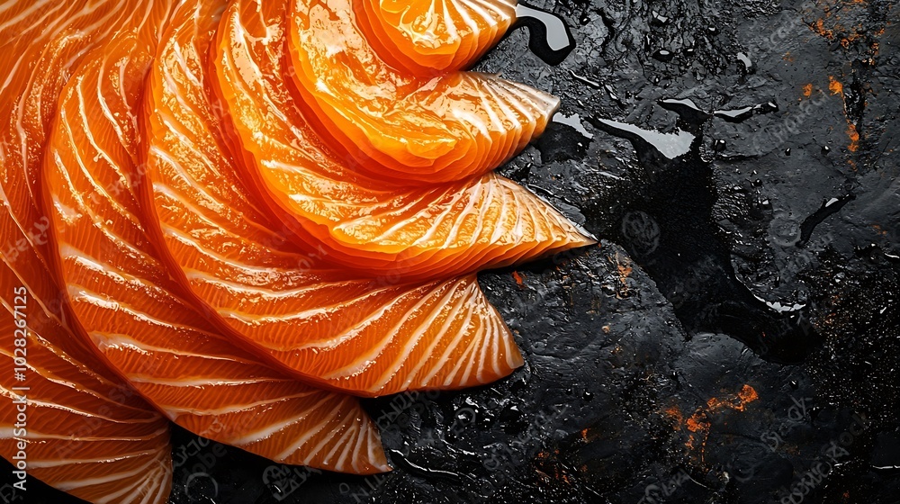 Poster Salmon background trout fish fillet texture Copy space Top view : Generative AI