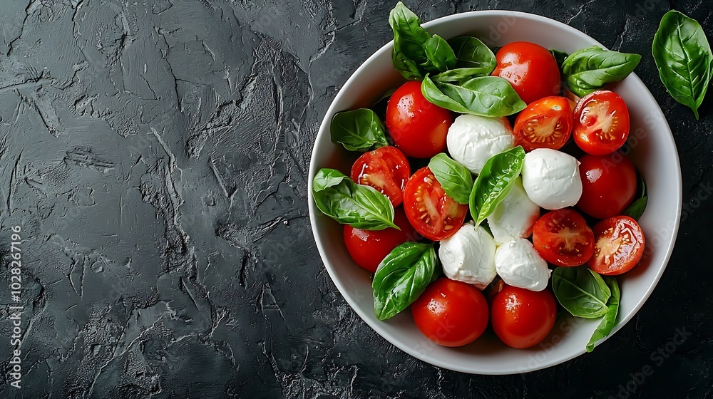 Poster caprese salad with tomatoes mozzarella burrata cheese and basil grey background top view : generativ