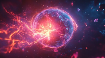 Obraz premium Glowing Cosmic Energy Sphere with Electric Flares in Space