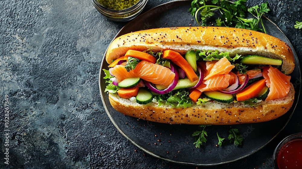 Poster sandwich with salmon vegetables and cream cheese on plate dark background copy space top view : gene