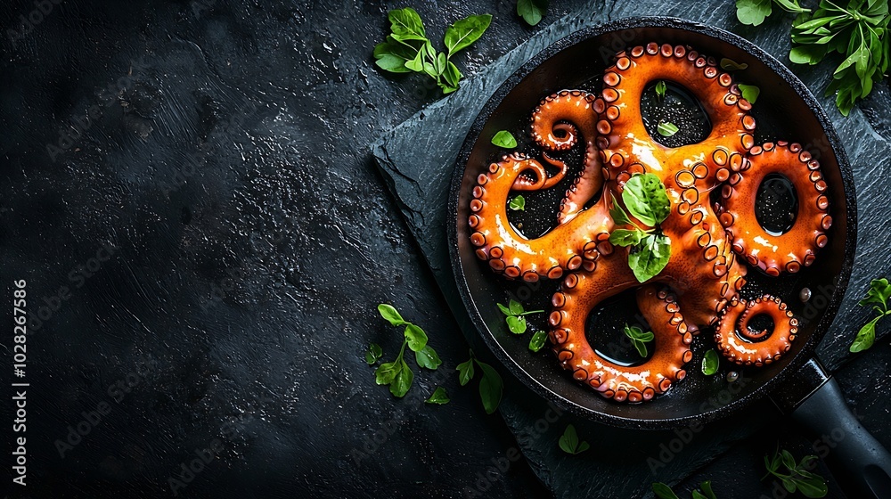 Poster octopus in a black frying pan black stone background top view : generative ai