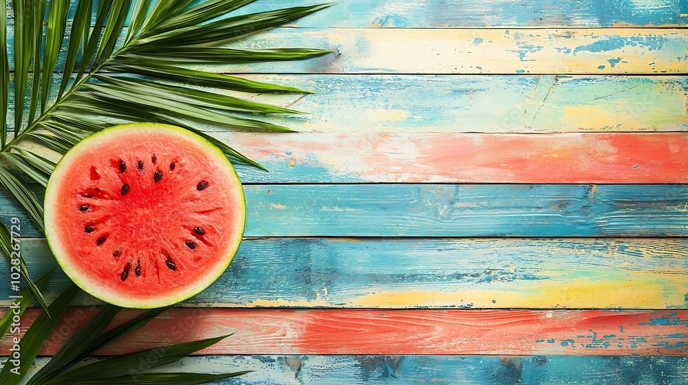 Aufkleber watermelon cut on colorful wooden background with palm leaf top view : generative ai