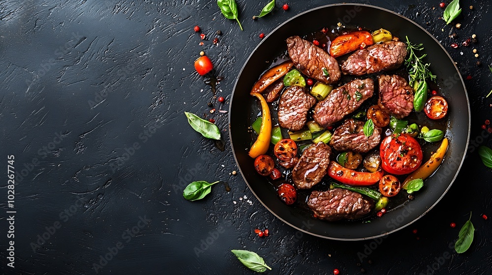 Poster beef and vegetables stir fry in a pan dark background close up : generative ai