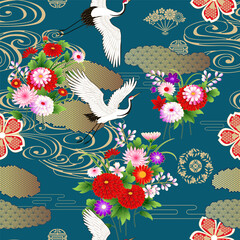 Spring Japanese background with fans and cranes