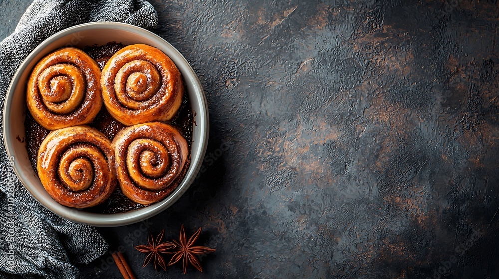 Aufkleber cinnamon rolls buns cinnabons in baking dish grey background copy space top view : generative ai