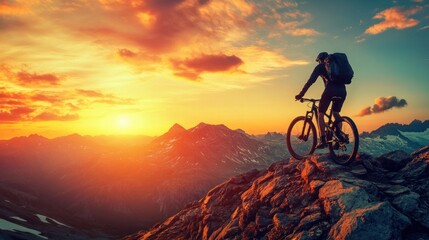 Obraz premium A mountain biker enjoys a stunning sunset view from a rocky peak.