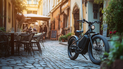 Electric bike on a foggy morning trail, with soft light filtering through trees for a moody, atmospheric shot