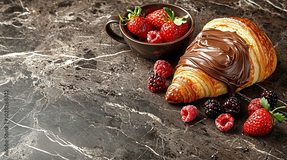 Poster Croissant with fresh berries chocolate spread and butter with cup of coffee on a marble texture background Top view Copy space : Generative AI