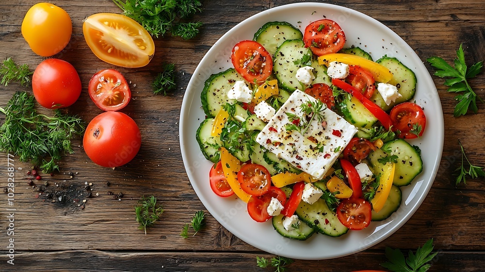 Aufkleber Grilled vegetables salad with feta cheese in white plate on wooden table Copy space Top view : Generative AI