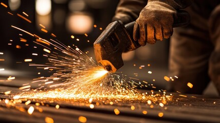 A close-up of a worker using a tool, creating sparks in an industrial setting.